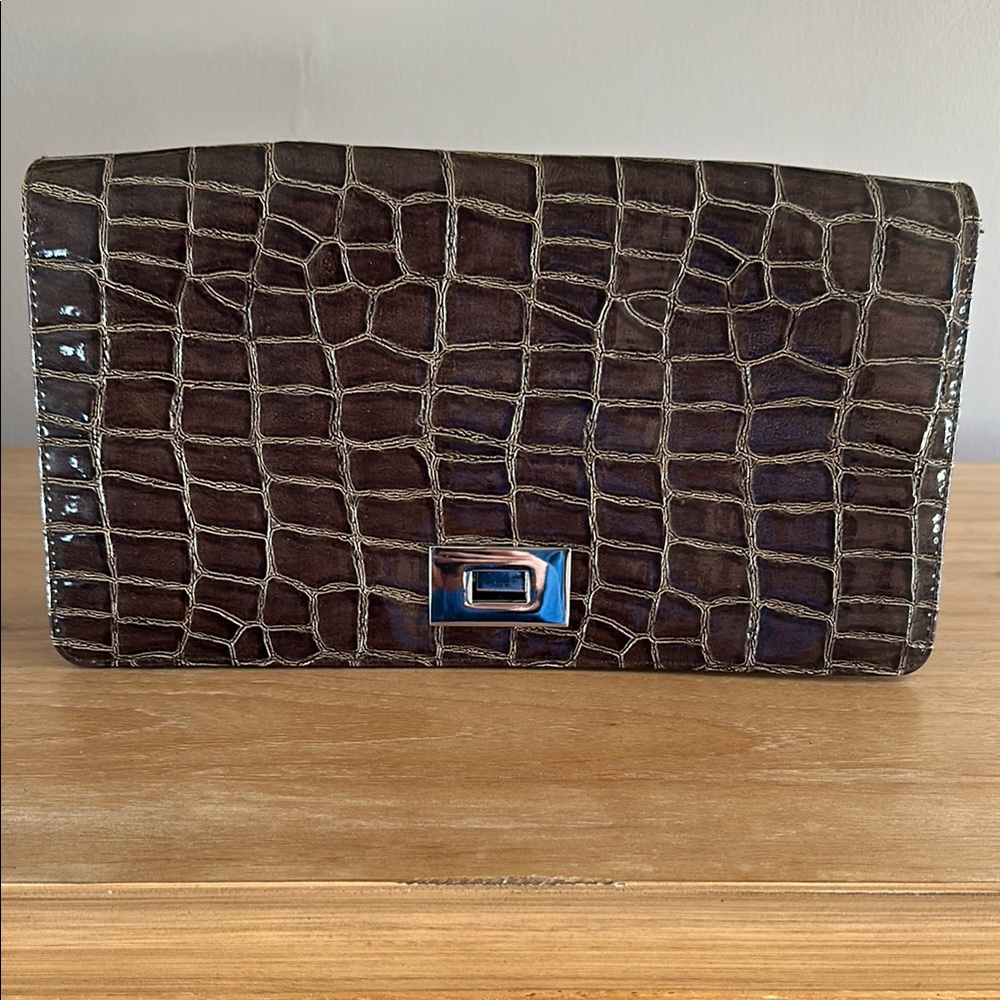 Murval Brown Crocodile-Embossed Clutch
